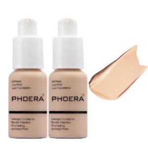 2 Pack PHOERA Foundation, Flawless Soft Matte 24HR Oil Control Full Coverage Foundation Makeup for Women.102 Nude-30m