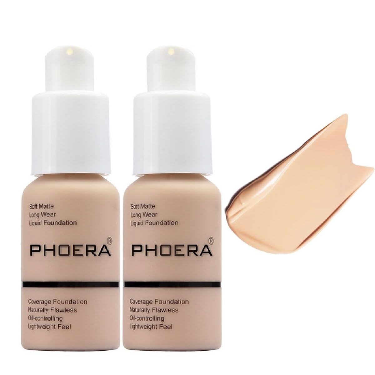 2 Pack PHOERA Foundation, Flawless Soft Matte 24HR Oil Control Full Coverage Foundation Makeup for Women.102 Nude-30m